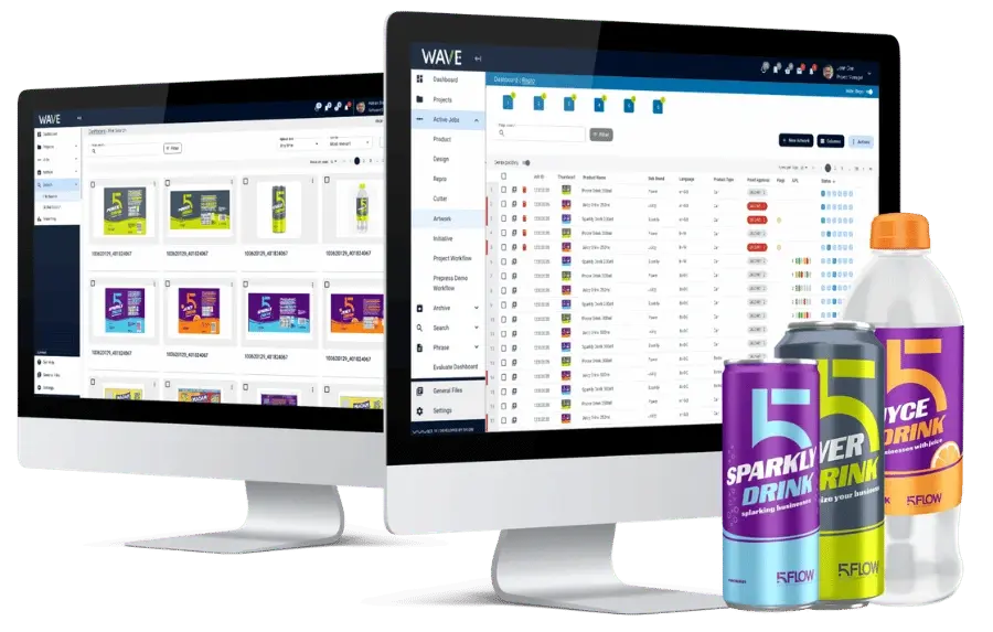 Deux écrans présentant la plateforme WAVE de gestion des artworks packaging, avec des visuels de produits au premier plan.